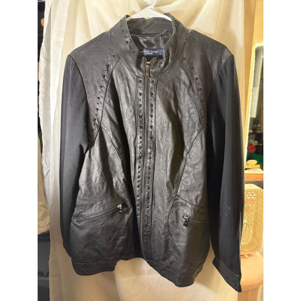 Marina Sport Black Real Leather Paneled Studded Moto Jacket